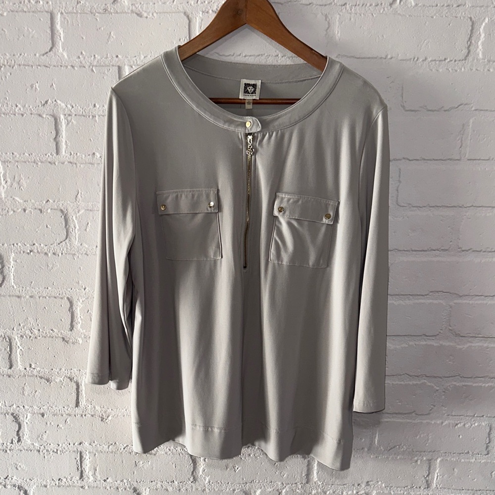 Anne Klein Soft Gray Zip-Up Top